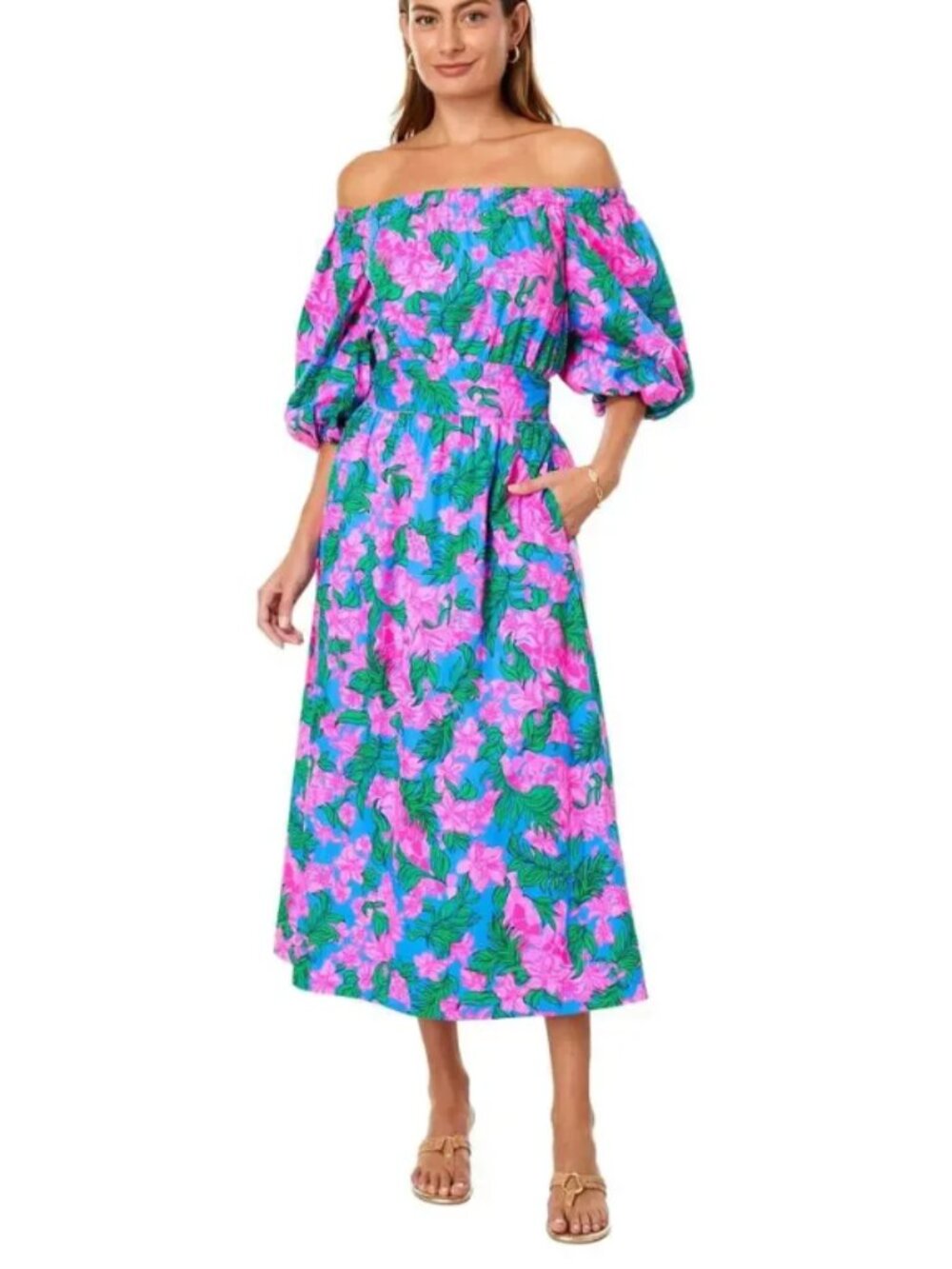 Lilly Pulitzer Shawnlee Off Shoulder Pink Safari Sunset Midi Dress Size XL